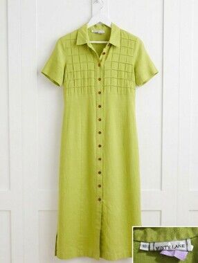 Misty Lane Lime Short-Sleeve Button-Front Maxi Linen Blend Pintuck Dress, Sz: 10